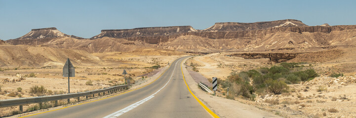 Panoramic view of  scenic highway through the Negev Desert with it's beautiful mountains in Southern Israel

