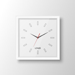 Vector 3d Realistic Square White Wall Office Clock Design Template Isolated on White. Mock-up of Wall Clock for Branding and Advertise Isolated. Clock Face Design