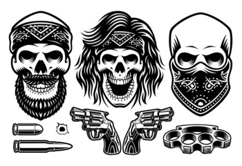 A set of vector gangster skulls isolated on white background, these illustrations can be used as shirt prints