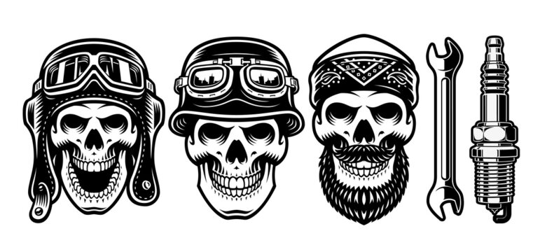 a set of vector biker skulls, these illustrations can be used as t-shirt prints