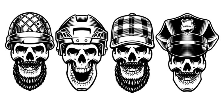a vintage skulls characters such as a hockey player, lumberjack, police officer and other