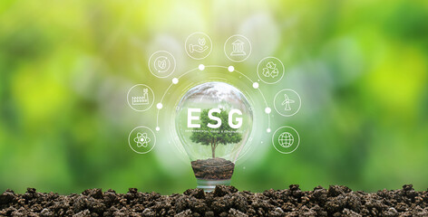 ESG icon concept in hand-held bulb for environmental, social and governance in sustainable and...