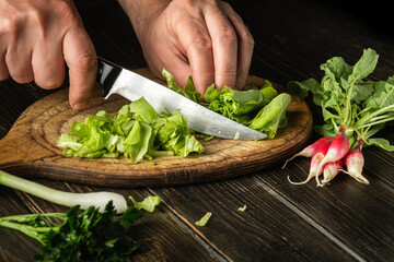 Make lettuce and radish salad at home cutting with a knife by the hands of a chef