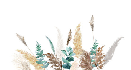 Watercolor boho pampas grass and eucalyptus bouquet. Hand painted floral neutral colors, sage border. Botanical boho elements isolated on white. Bohemian style wedding invitation, greeting, card