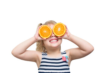 Girl with fruits oranges eyes, happy Caucasian kid portrait isolated on white. Child summer concept.
