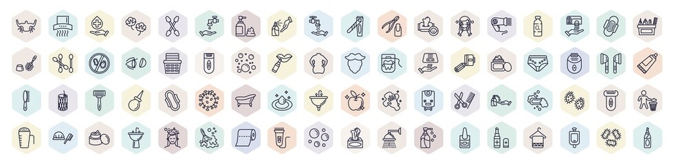 set of hygiene web icons in outline style. thin line icons such as body odour, sanitary, antiseptic, face washer, laundry basket, underwear, bathroom, depilator, bubble icon. - obrazy, fototapety, plakaty