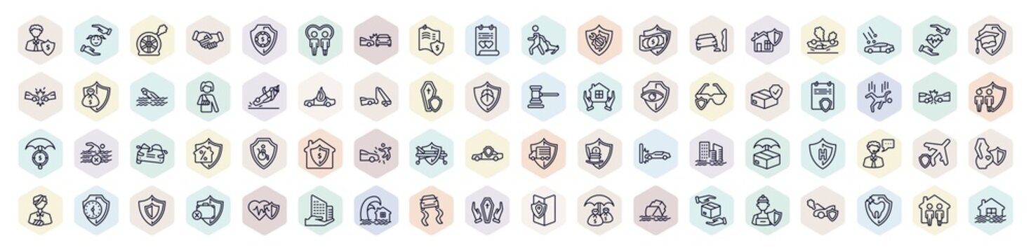 Set Of Insurance Web Icons In Outline Style. Thin Line Icons Such As Beneficiary, Puncture In A Wheel, Actual Cash Value, Stone On The Road, Overturned Car, Contract Coverage, Accident, Air Travel