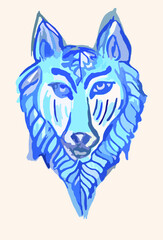 Wolf head sketch in blue-gray tones for prints or posters. Cute decorative wolf symbol for emblems, embroidery, interior solutions, fabrics, textiles, logos, fashion trends, wallpaper, covers, etc.