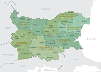 Detailed map of Bulgaria with administrative divisions into -Regions and Provinces (Oblasts), major cities of the country, vector illustration onwhite background