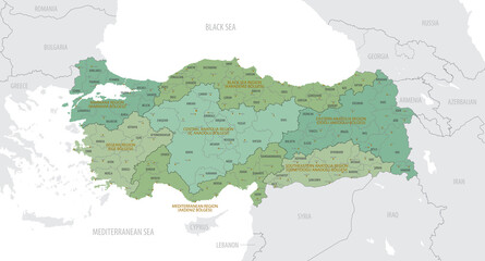 Detailed map of Turkey with administrative divisions into Districts and Provinces, major cities of the country, vector illustration onwhite background