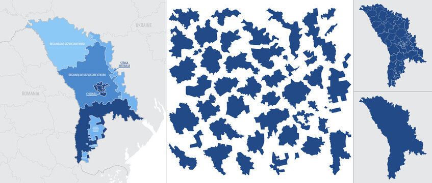 Detailed, vector, blue map of Moldova with administrative divisions country