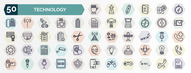 set of technology web icons in outline style. thin line icons such as robotic hand, stopwatch running, phone box, green flash, summary, electronic cigarette, basic calculator, teletransportation, - obrazy, fototapety, plakaty