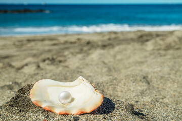 Beautiful pearl in the pearl shell on the sand beach. Sea and blue sky.