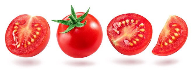 Set of cherry tomatoes and tomato slices isolated on white background. Macro shot. - obrazy, fototapety, plakaty