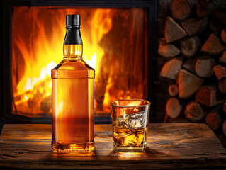 Bottle of whiskey and glass of whiskey with ice. Burning fire in the fireplace at the background.