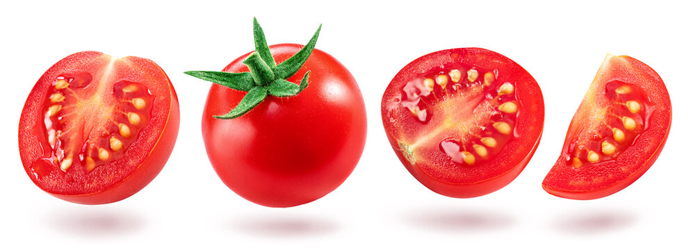 Set of cherry tomatoes and tomato slices isolated on white background. Macro shot.