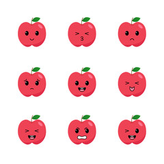 Set of red apple with kawaii emotions. Flat design vector illustration.
