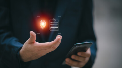 cyber security concepts, login, user fingerprint Secure and encrypted identity,secure access to user personal information , secure internet and network access, cyber security..