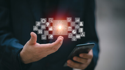 Cloud computing and technology icons touched by hand. Cloud technology collects lifestyle and confidential information such as shopping and internet banking, passwords, financial information.