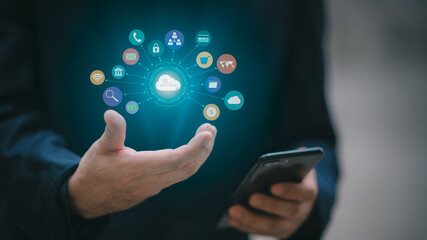 Man using smartphone showing cloud computing diagram in hand cloud technology data storage network and internet service concept