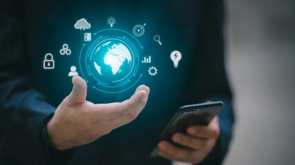 Internet networking, remotely work, data exchange concept. Young using smart mobile phone with internet network connection