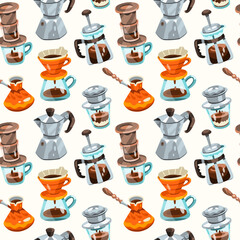 Seamless pattern with coffee brewing process. Turkish, vietnamese, aero press, pour over, geyser, french press. Orange, beige, white, brown, grey colors. Hand drawn flat vector illustration