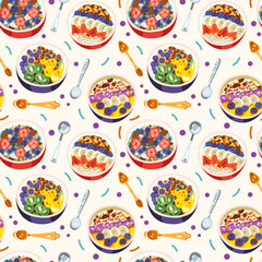 Seamless pattern with smoothie bowls with granola. Muesli, oatmeal, nuts, yogurt, fruits and berries. Brown, violet, orange, yellow, red, blue colors. Hand drawn cartoon flat vector illustration