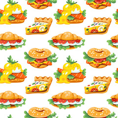 Seamless pattern with delicious food: benedict eggs, quiche tarts, bagel and croissant sandwiches. Orange, beige, white, brown, green, red, yellow green colors. Hand drawn flat vector illustration