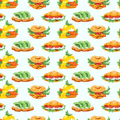 Seamless pattern with delicious food: benedict eggs, avocado toasts, bagel and croissant sandwiches. Orange, beige, white, brown, green, red, yellow green colors. Hand drawn flat vector illustration