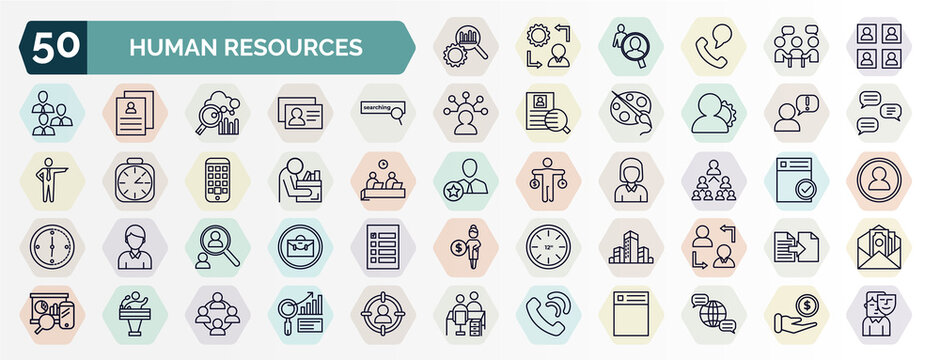 set of human resources web icons in outline style. thin line icons such as due diligence, candidates, searching, grievance, fired, company structure, recruitment, company, candidate, call icon.