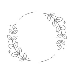 Floral circle wreath with leaves. Plant round frame with tree branch. Minimal line hand drawn doodle illustration. Black and white color