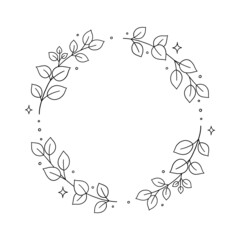 Floral circle wreath with leaves. Plant round frame with tree branch. Minimal line hand drawn doodle illustration. Black and white color