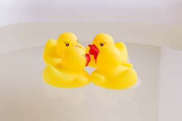 four rubber ducks for swimming float in the water.