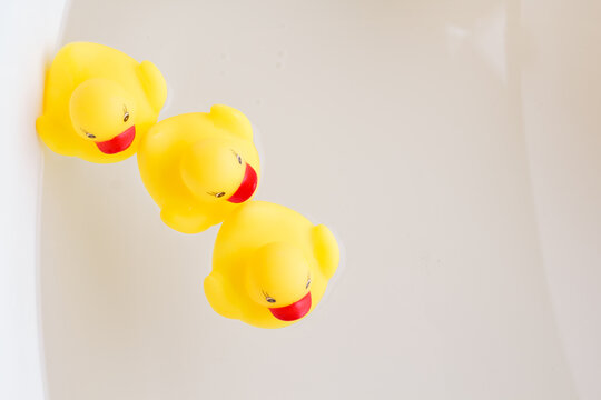 rubber ducks swim one after another in the water.