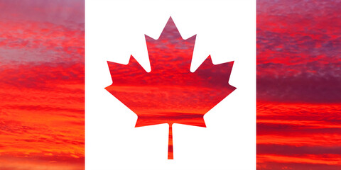 Canadian flag. The national flag of Canada consists of a sunset red sky.
