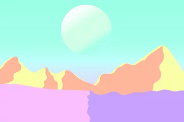 Poster Roze woestijnlandschap met roze zandduinen en gele heuvels onder blauwe bewolkte hemel. Droog en droog Afrikaanse of Mexicaanse natuur achtergrond met gele zandduinen parallax weergave, cartoon vectorillustratie. © gorito