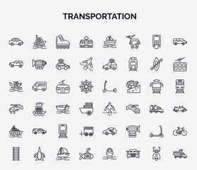 set of transportation web icons in outline style. thin line icons such as automobile, tramway, suv, chairlift, airliner, hearse, oxcart, kick scooter, small submarine icon. © IconArt