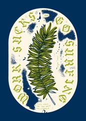 Work sucks - go surfing. Palm leaf and medieval letters on distressed background. Silkscreen typography t-shirt print vector illustration.