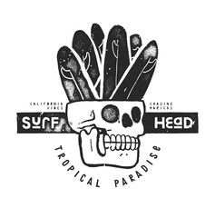 Surf Head. Skull full of surfboards. Distressed silkscreen surfing vintage t-shirt print - obrazy, fototapety, plakaty