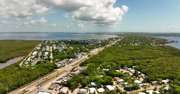 Aerial drone footage residential houses in Key Largo Florida neighborhoods