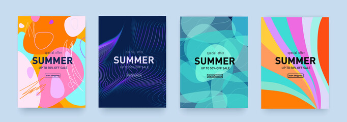 Summer set background shape line, ellipse. Trendy summer banner for music, party, and festival. Modern bright colors for social posters, covers, greeting cards, and shopping. Vector illustration. © Viktoriya