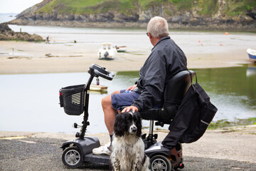 Disabled man sitting on his disability scooter looking at the coastal view whilst stroking the head...