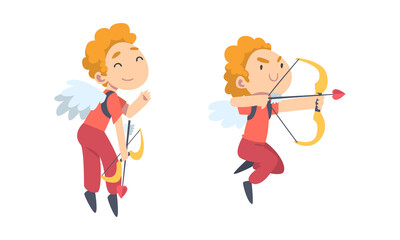 Funny Boy Cupid Character Flying with Wings Holding Bow and Arrow Vector Set