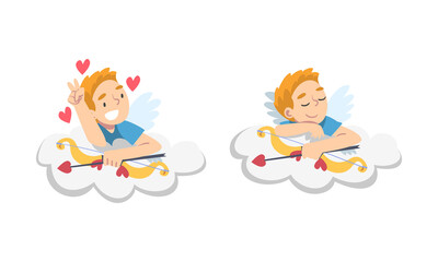 Funny Boy Cupid Character with Wings Holding Bow and Arrow Sitting on Cloud Vector Set