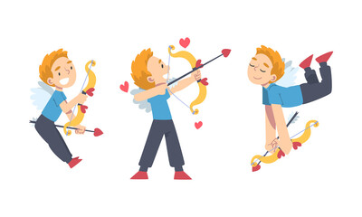 Obraz na płótnie Canvas Funny Boy Cupid Character Flying with Wings Holding Bow and Arrow Vector Set