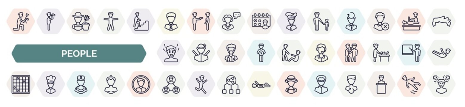 Set Of People Icons In Outline Style. Thin Line Icons Such As Give Flower, Business Tie, Father And Son, Surprised Man, Phone Assistance, Family Board Games, King Momo, Networking Connection,