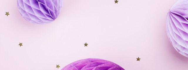 Purple Scandinavian modern paper honeycomb decoration on purple background.Concept of happiness, joy, birthday, party, advertisement,copy space banner