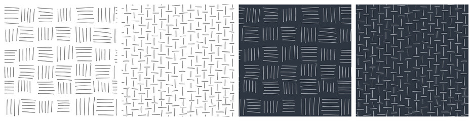 Woven rug texture abstract geometric seamless pattern set with simple lines. Weaving vector background collection in two neutral black and white colors.