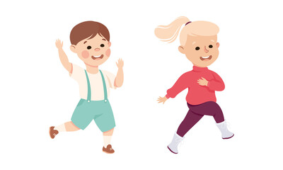 Excited Little Boy and Girl Jumping with Joy Expressing Happiness Vector Set