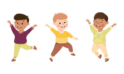 Excited Little Boy Jumping with Joy Expressing Happiness Vector Set